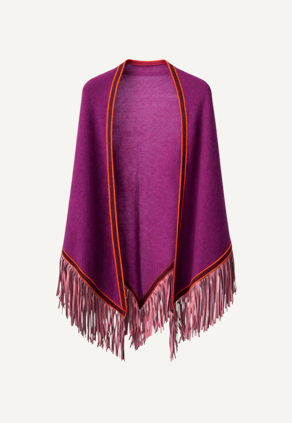 Antonia Zander Triangolo Camoscio – Cashmere triangle shawl in Tulip No. 665, with contrasting edge and goat nappa leather fringe.