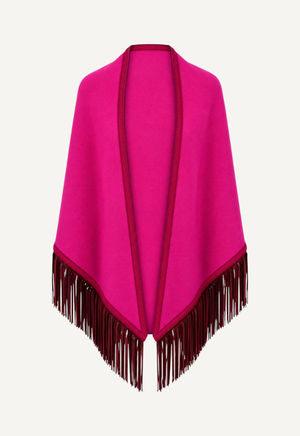 Triangolo wrap in Fandango fine cashmere with bordeaux trim and hand-applied leather fringes by Antonia Zander.