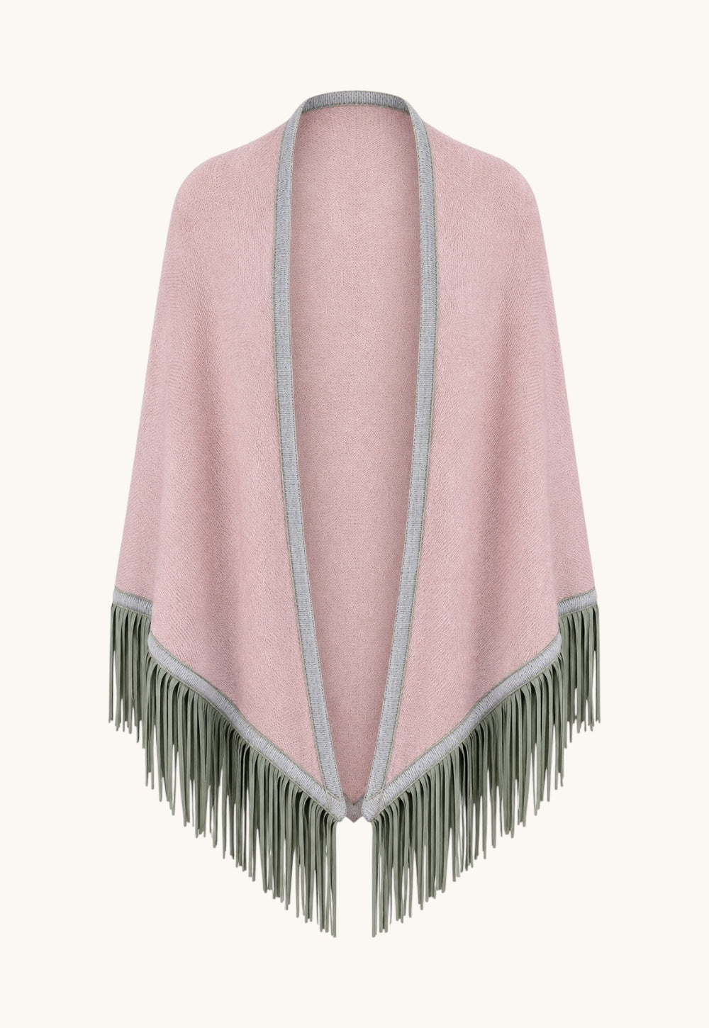 Triangolo wrap in soft rose cashmere with sage trim and hand-applied nappa leather fringes by Antonia Zander.