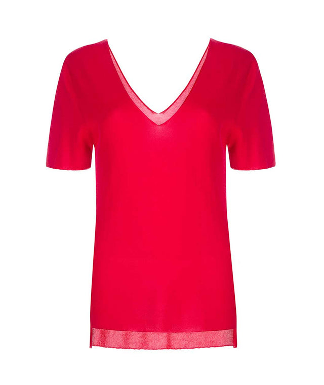 red shirt with midi sleeves. deep v-neck front and back. casual wide fit